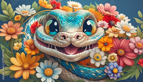 Portret wesołego węża pośród kwiatów, abstrakcja, dekoracja. Generative AI © mycatherina