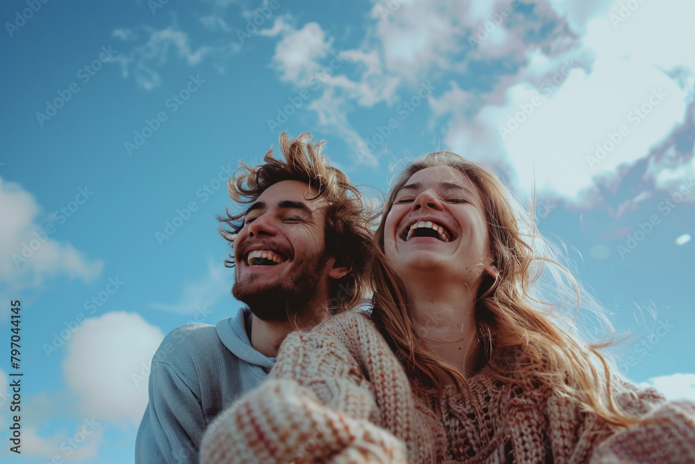 Joyful duo, bonded in laughter, under open skies Joyful duo, bonded in laughter, under open skies