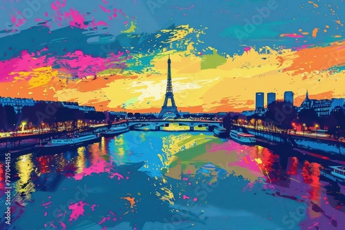 Vivid artistic illustration of Paris, France - Eiffel Tower, Abstractionism style