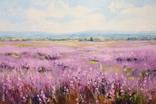 Field of purple flowers landscape painting outdoors.