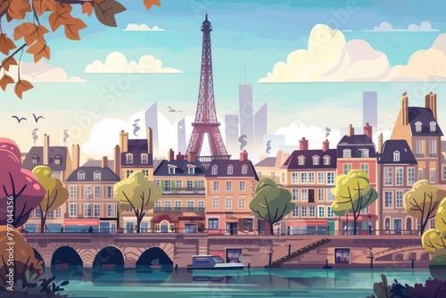 Vivid artistic illustration of Paris, France - Eiffel Tower, cartoon style