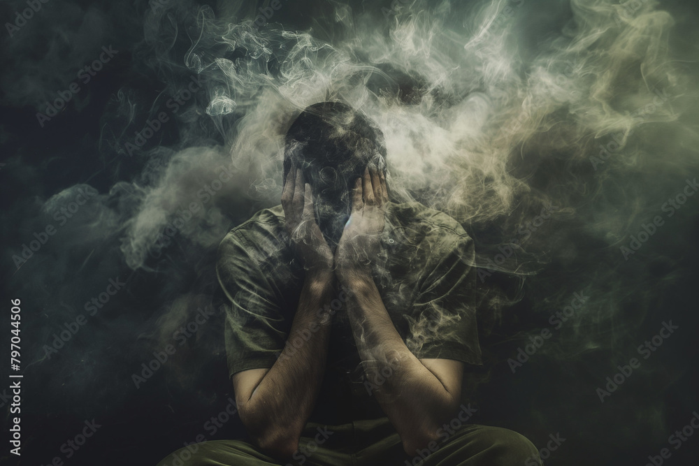 Obraz premium Man Overwhelmed by Mist Symbolizing Struggle on International PTSD Awareness Day