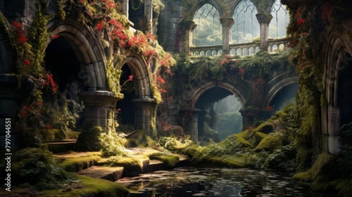 Enchanting abandoned castle overgrown with lush flowers and vines