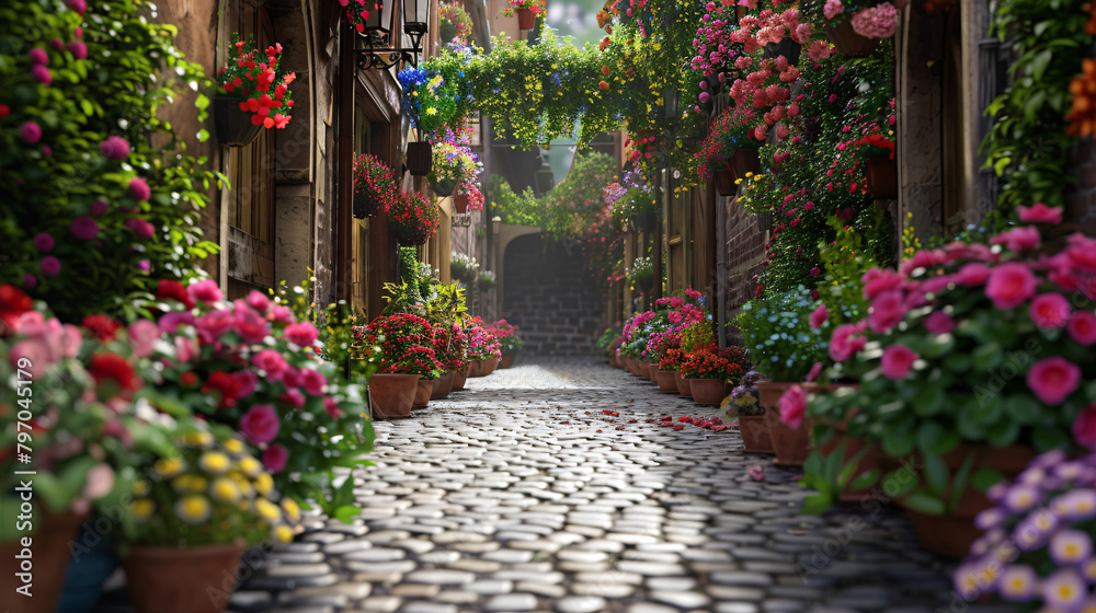 Colorful Charm: Quaint Cobblestone Alleyway with Flower Pot Adornments Colorful Charm: Quaint Cobblestone Alleyway with Flower Pot Adornments