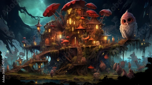 Enchanted forest home with a whimsical design  glowing mushrooms  and a mysterious owl