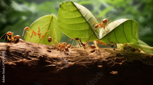Weaver ants working together on a leaf bridge in a forest setting photo