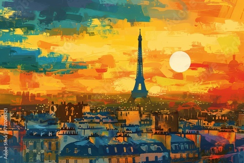 Vivid artistic illustration of Paris, France with Eiffel Tower at sunset