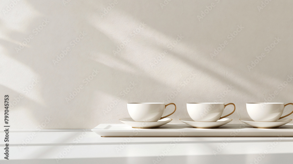Fototapeta premium Serenity in Sips: Elegant Tea Cups on Minimalist Tray