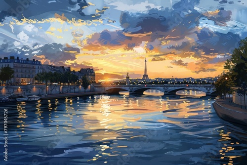 Artistic illustration of Paris, France at dusk