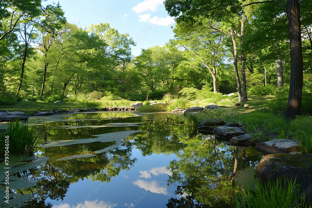 A tranquil pond reflecting a cloudless sky and surrounded by lush greenery.