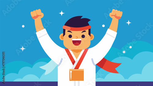 The satisfaction on the winners face is evident as they raise their hand in victory having triumphed over their opponent in a kumite showdown.