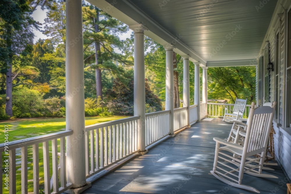 A spacious front porch with rocking chairs, overlooking the lush green lawn view framed by towering oak trees and bathed in sunlight, creating a serene atmosphere perfect for relaxation Generative AI A spacious front porch with rocking chairs, overlooking the lush green lawn view framed by towering oak trees and bathed in sunlight, creating a serene atmosphere perfect for relaxation Generative AI