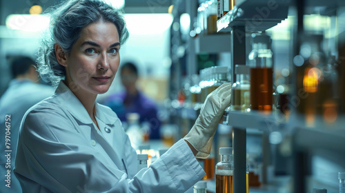 A middle-aged woman scientist standing next to shelfs of chemicals.
