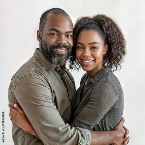 Happy couple embracing and lookin camera on white background photo