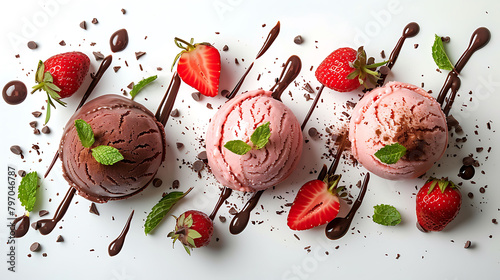 Three single scoops of strawberry vanilla and chocolate dessert decorated with cut fruit and mint leaves on a white background photo
