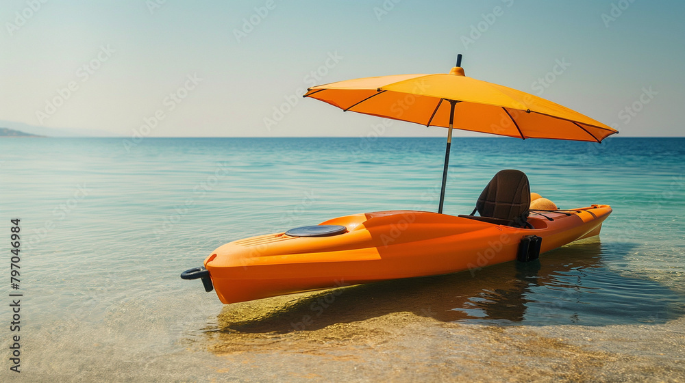 Single kayak with sunshade on the serene beach shoreline Single kayak with sunshade on the serene beach shoreline