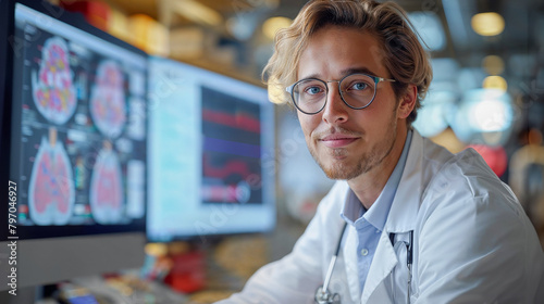 A smiling young doctor in a white coat sitting in front of computer and revising patient data. photo