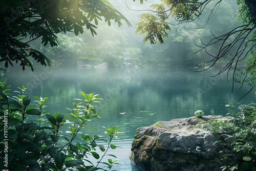 A tranquil lake surrounded by lush greenery  with a hidden Easter egg nestled on a sunlit rock.