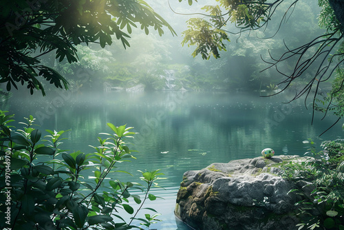 A tranquil lake surrounded by lush greenery, with a hidden Easter egg nestled on a sunlit rock.