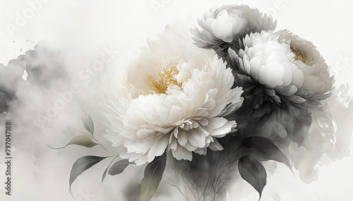 Papier peint fleurs de pivoine blanche. Fond floral abstrait