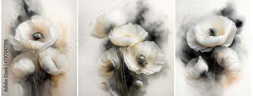 Triptyque fleurs abstraites, coquelicots blancs, acrylique. Papier peint fleuri. Fond d'écran