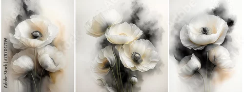 Panel kuchenny z motywem Białe kwiaty, maki tryptyk. Abstrakcyjne kwiaty akwarela