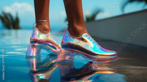 A person stands on wet ground, wearing iridescent shoes with chunky block heels, reflected below. photo