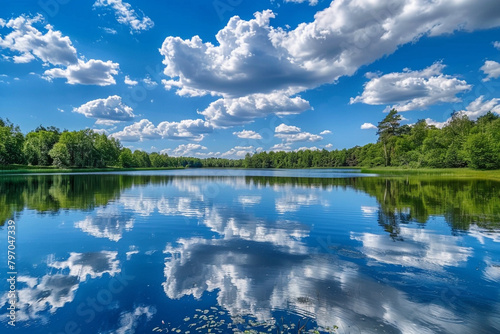 A tranquil lake reflecting a clear sky dotted with fluffy cumulus clouds.