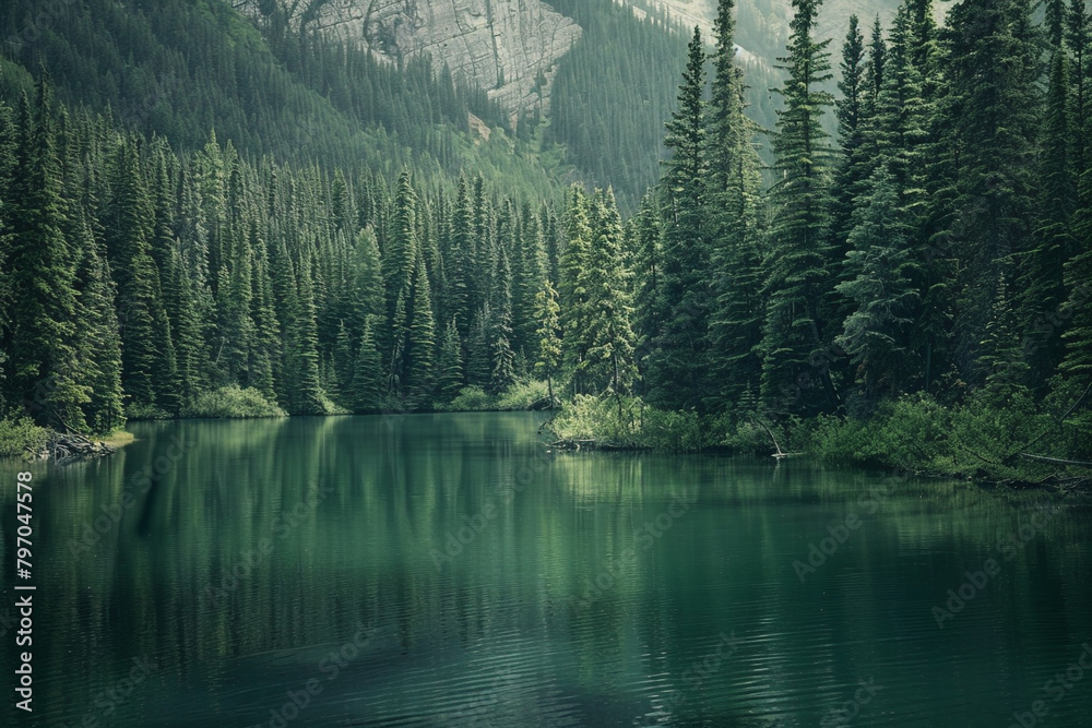 A tranquil lake nestled among towering evergreen trees.