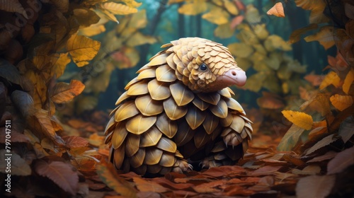 Stunning artistic rendition of a pangolin uncurling in a mystical forest setting