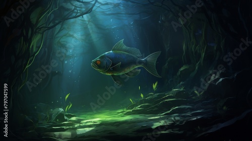 Mystical underwater scene depicting a blind cave fish in a jungle cenote