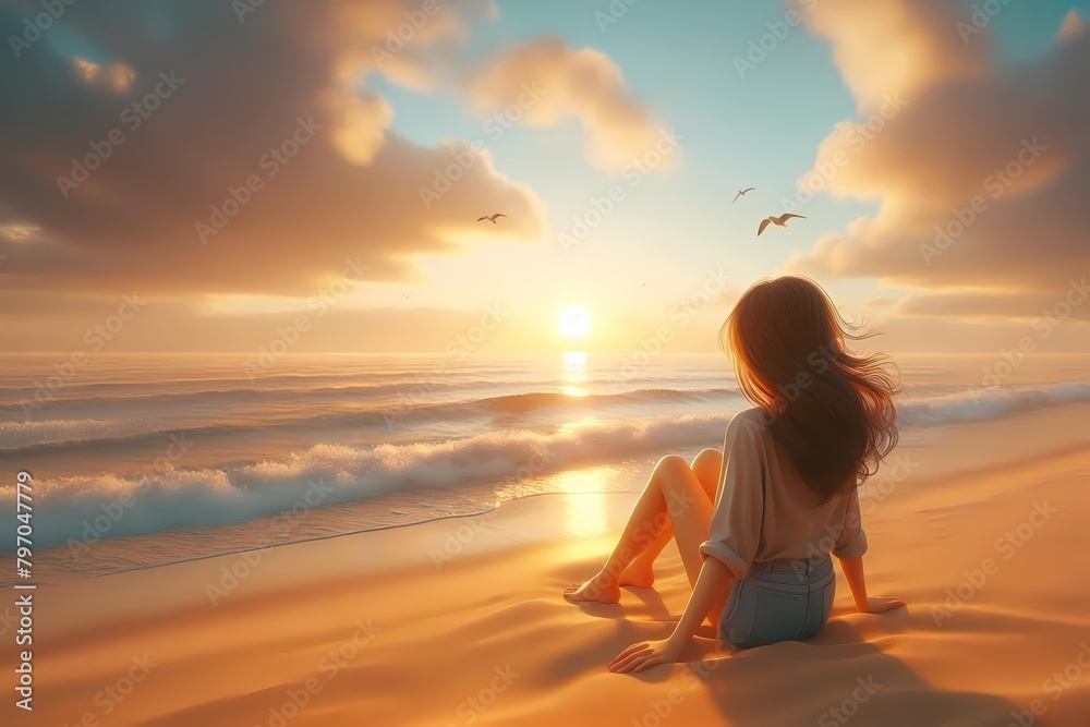  girl on the beach a 3D scene where a young girl is sitting on a sandy beach 