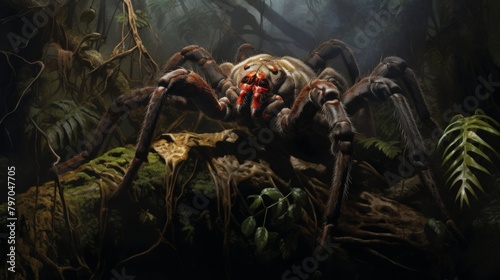 Giant spider lurking in the misty rainforest, sitting on twisted tree roots