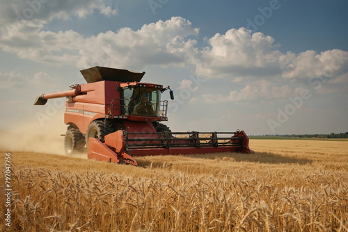 The combine harvester harvests wheat.