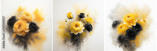 Fleurs triptyque, roses jaunes et noires. Papier peint fleuri, décoration. Fond floral © Iwona