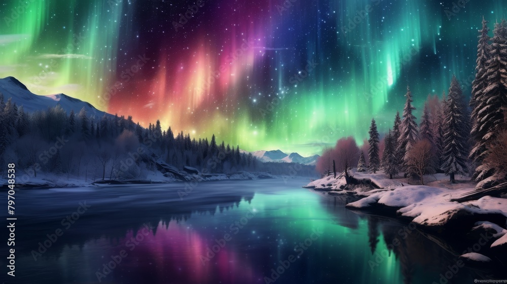 Breathtaking view of the Northern Lights over a serene snowy landscape
