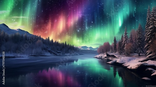 Breathtaking view of the Northern Lights over a serene snowy landscape © Yusif