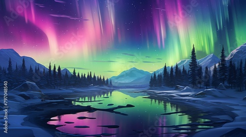 Breathtaking view of the Northern Lights over a serene snowy landscape