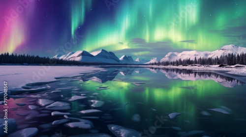 Breathtaking view of the Northern Lights over a serene snowy landscape