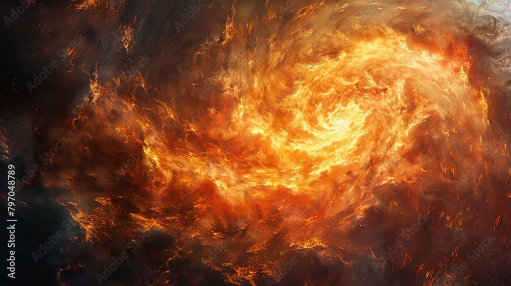Vivid firestorm swirl in dramatic orange and red hues capturing nature's fury