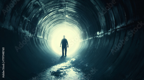 Man walking in dark tunnel towards light at the end, hope and future path or journey concept. man standing alone inside concrete pipe tunnel. Silhouette of person moving forward with determination photo