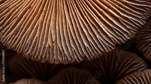 Close-up view of a mushroom cap from underneath, showcasing intricate gills on a black background photo