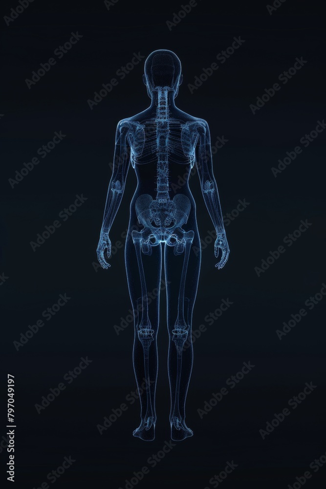 Glowing hologram of human body 3D structure with dark background. Glowing hologram of human body 3D structure with dark background.