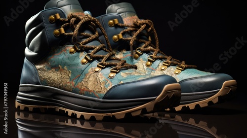Colorful high-top hiking boots with unique topographic map design on a white background