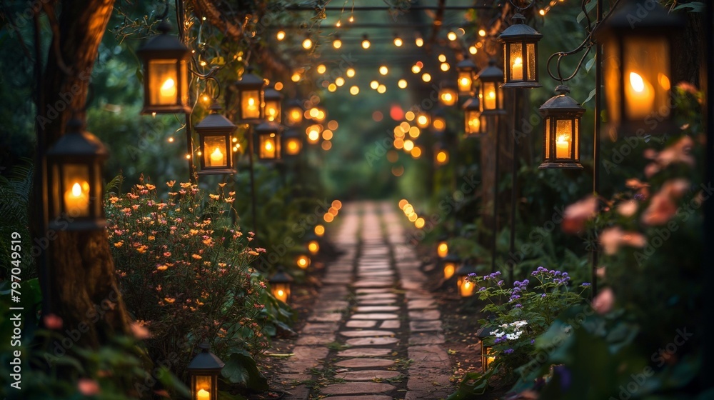 garden with lanterns, string lights and brick path. 