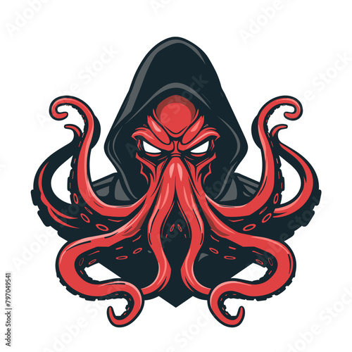 Male hacker octopus in a sweater esport vector logotype. Octopus logo. Octopus icon.Octopus sticker. Octopus symbol. Octopus emblem