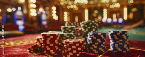 Casino chips on red table with blurred lights background
