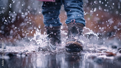 Closeup of feet of little child playing in rain outdoors with water splash