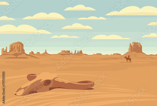Vector Western landscape with silhouette of Indian on horseback and bull skull at the wild American prairies. Decorative illustration  Wild West vintage background