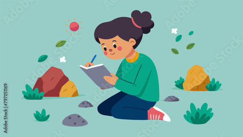 A child with a notebook in hand diligently taking notes and sketches of various rocks found on a nature walk.